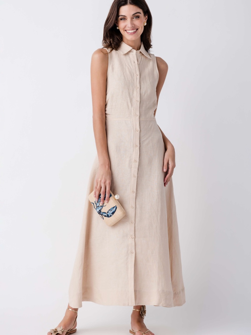 Sleeveless Button-Front Maxi Dress in Beige